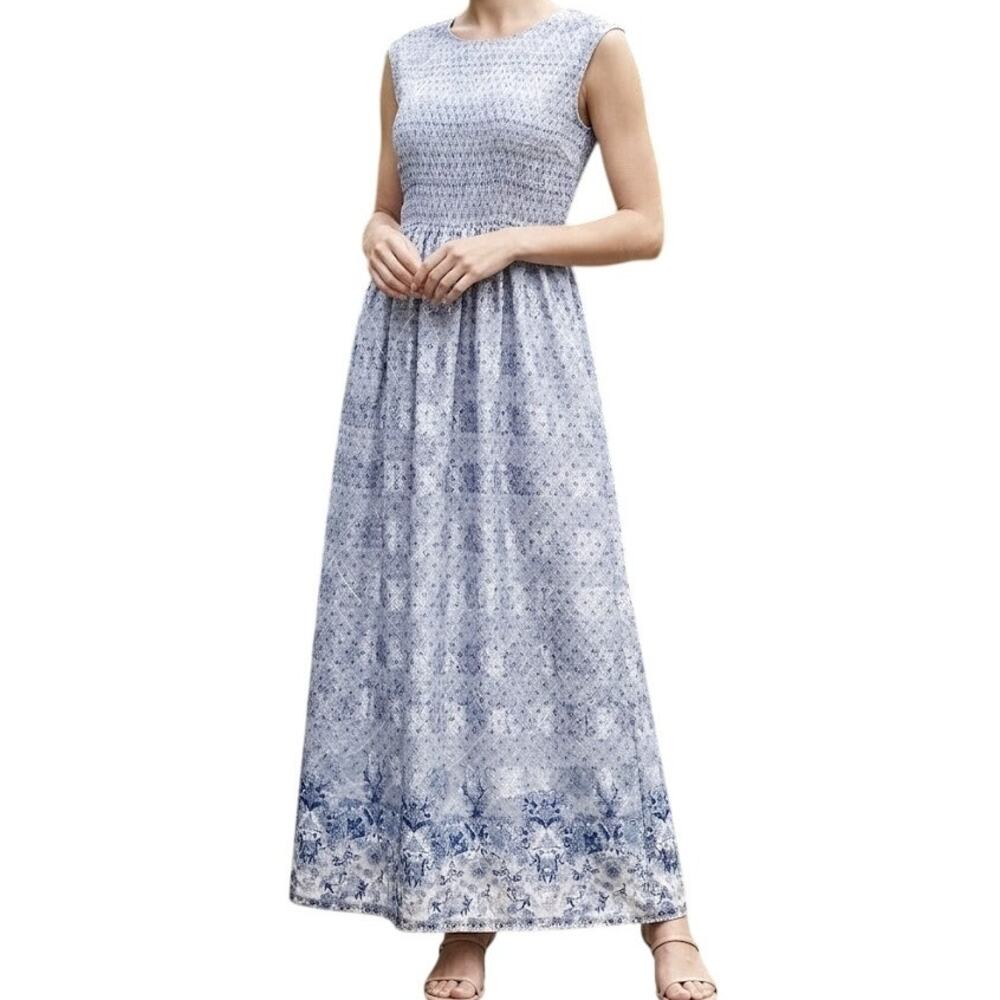 Max Studio Maxi Dress Women XL Blue White Geometric Smocked Waist Sleeveless NWT